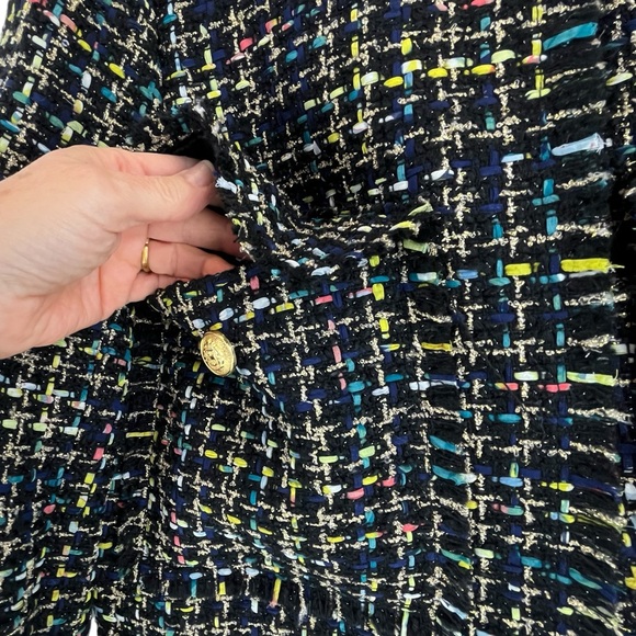 NWT ZARA Tweed Frayed Blazer Jacket Black Multicolor Gold Buttons Wool Blend L - Picture 10 of 15